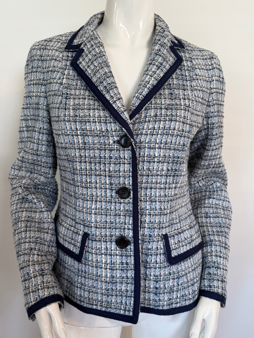 Talbots Tweed Blue White Navy Blue Trim Women Suit Blazer Jacket Size 10